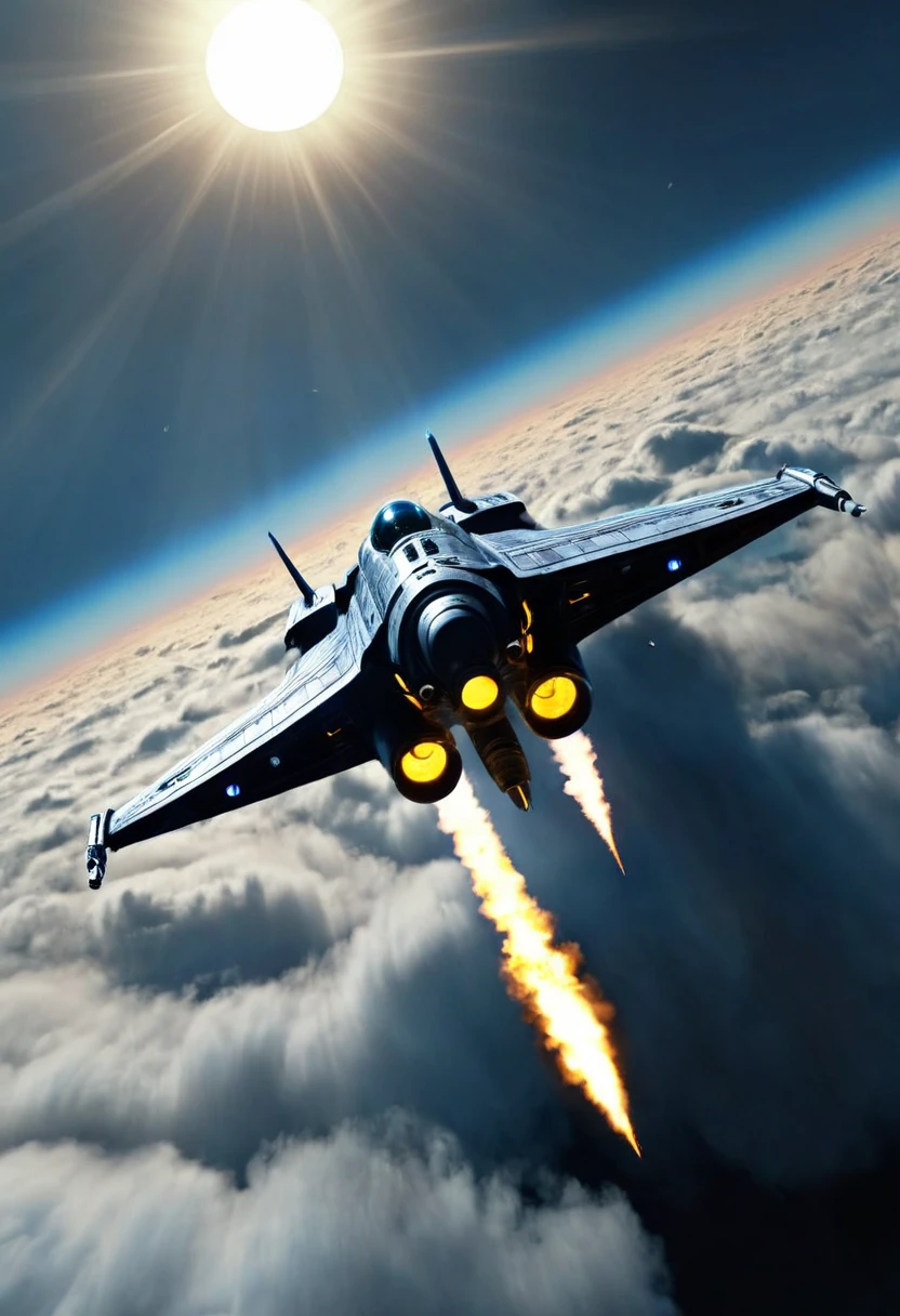 Backside view shot of a spaceship flying through the clouds, above the trees, dark moon and yellow sun in the skies, blue flame in the back engine helping with it's movement, scifi scene, 32k, ultra HD, unreal engine rendered, cinematic lighting, ridley scott movie, Denise villeneuve scifi movie 