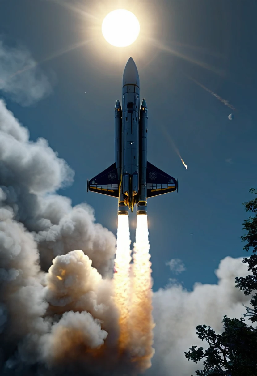 Backside view shot of a spaceship flying through the clouds, above the trees, dark moon and yellow sun in the skies, blue flame in the back engine helping with it's movement, scifi scene, 32k, ultra HD, unreal engine rendered, cinematic lighting, ridley scott movie, Denise villeneuve scifi movie