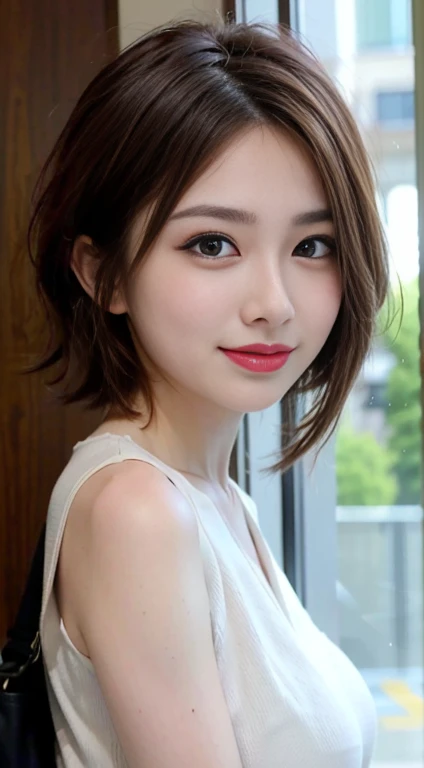 blush a little and smile, (Top quality masterpiece:1.2) Delicate illustrations, Very detailed, /Beautiful Japanese Women、1 person,Very cute and slim、Great style 、((8k images、super high quality))、Very delicate face, Skin and Hair、Big Breasts、beautifule forehead、Red lipstick、(((((short hair、Light brown hair、lure))))),Very cute Japanese cut face、Eyes and nose are clearly visible、Kind eyes,((((White sleeveless fashion))))