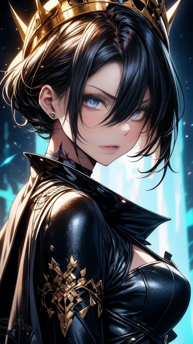 Generate a detailed image of a woman with short black hair highlighted with blue accents, having intense sky-blue eyes adorned with black makeup. Her lips are painted in a soft shade of red. She wears a semi-armor in black on her upper body, complemented by a black dress with a side slit at the lower part. Her fair skin showcases tattoos on her hip. The woman is in black heels with a scale pattern, and she wears a detailed crown featuring short black spikes. She also sports a blue cape with intricate black and golden embroidery. The scene is set in a gallery with a dark background, beautifully illuminating her figure, and she presents a slightly angry expression, posing with a mix of sexiness and regal presence.