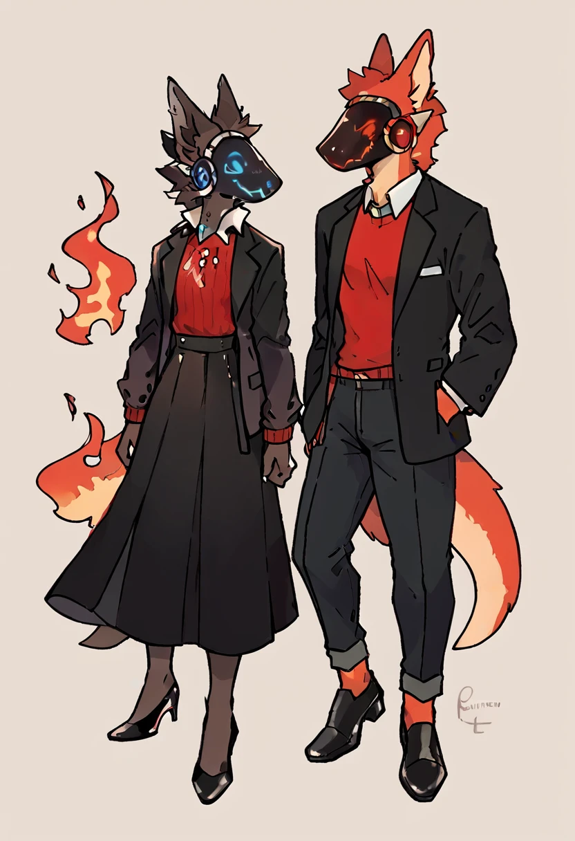 Dark chestnut brown furry protogen furry with a fiery red sweater, elegant black dress pants, black shoes, elegant black jacket and details on the protogen visor in red