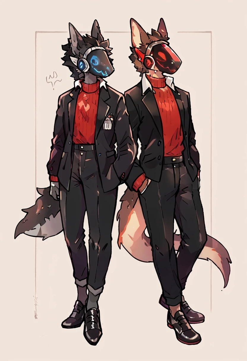 Dark chestnut brown furry protogen furry with a fiery red sweater, elegant black dress pants, black shoes, elegant black jacket and details on the protogen visor in red