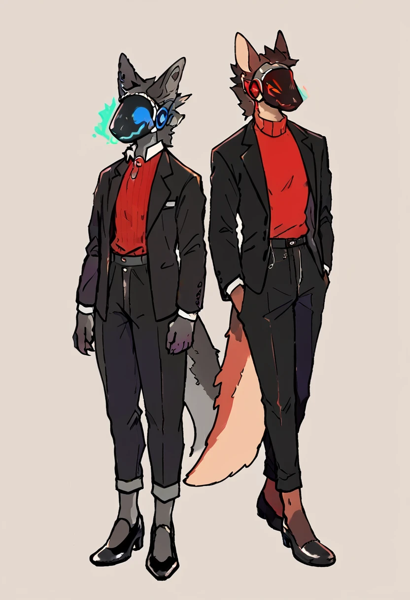 Dark chestnut brown furry protogen furry with a fiery red sweater, elegant black dress pants, black shoes, elegant black jacket and details on the protogen visor in red