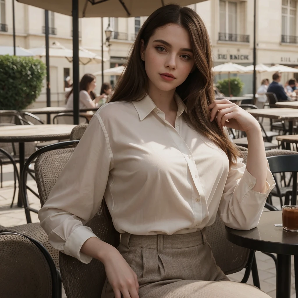 Sophia Lillis, thick woman, long straight hair, photograph quality, eyeshadow and lipstick, blouse and slacks, sitting in a chair at an outdoor cafe in Paris