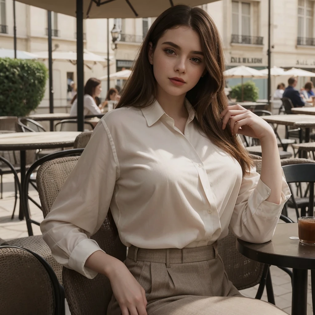 Sophia Lillis, thick woman, long straight hair, photograph quality, eyeshadow and lipstick, blouse and slacks, sitting in a chair at an outdoor cafe in Paris