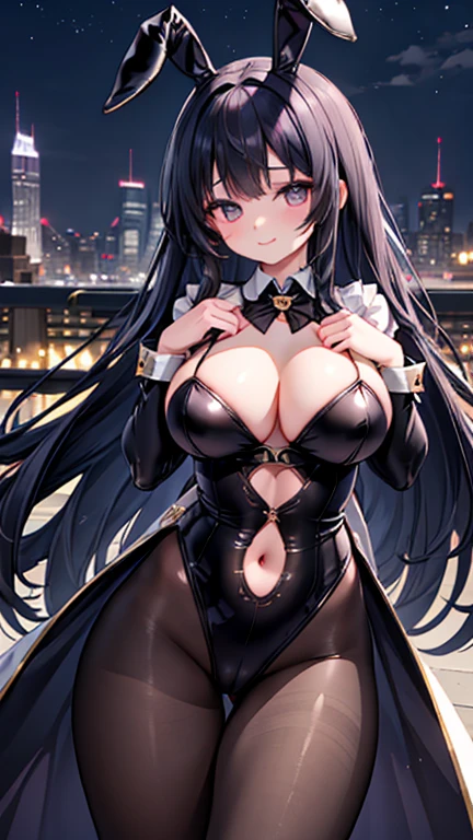 (Highest quality:1.2), One Girl, (masterpiece:1.2),Adult female、 Perfect Face, Very detailed,Detailed face, 8k wallpaper,(Wide Hips:1.2), An absurd solution,Sexy Woman, One Girl, iris, Black Hair, Very large and powerful breasts, Long Hair, smile,((Little Playboy Costume)),(((H Cup Bust Size))), City of night, Plump body