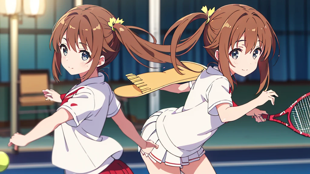 (premium、and 8K、32k、Masterpiece、NFFSW、super high resolution、Impressionism、photorealistic:1.2)、looking back、whole body, tennis coat、Beautiful face、blurred background、beautiful 18 year old girl、shiny skin、two-tailed、beautiful brown hair、grey eyes、Tie your hair with a big red ribbon.、tennis uniforms、raise your arms、Smile with your mouth open、curve、holding a racket、whole body