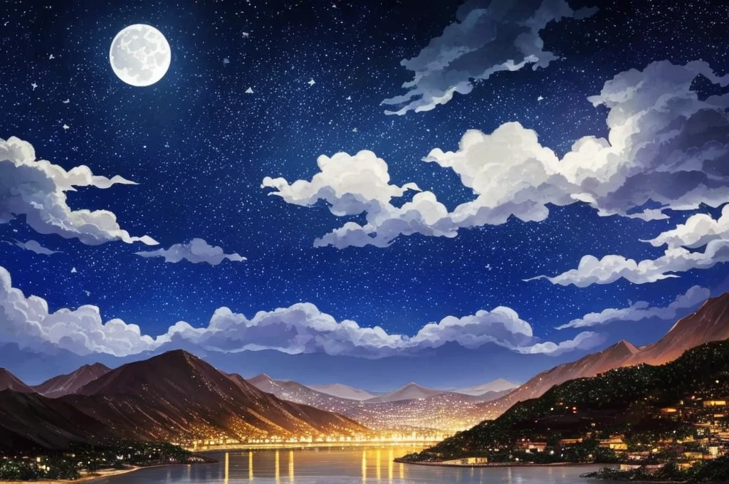 a dark night sky with stars and clouds and a full moon, a digital painting by Li Mei-shu, tumblr, space art, bright moonlight and stars, starry-night!!!!!!!!!!!!!!!!!!!!, moon and stars, the moon and stars, ✨🕌🌙, stars glistening in the night, dark and stars in the background, moonlit night sky, dreamy night