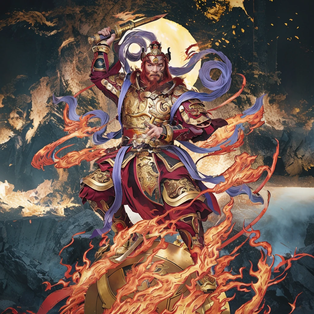 red hair male Chinese warrior (3 eyes) asura look, ancient Chinese armour, surrounded by fire, sending on a huge wheel, holding a metal whip weapon (sword), purple deity ribbon, fierce look, 