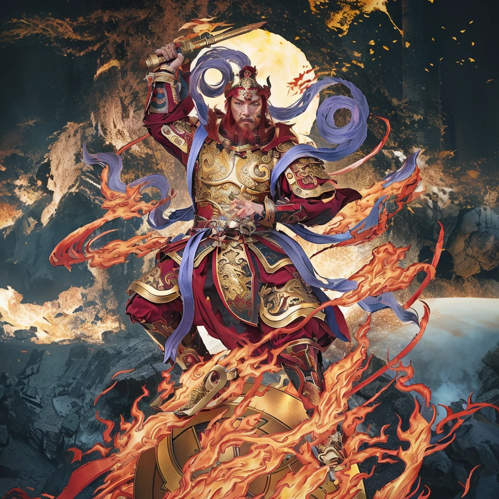 red hair male Chinese warrior (3 eyes) asura look, ancient Chinese armour, surrounded by fire, sending on a huge wheel, holding a metal whip weapon (sword), purple deity ribbon, fierce look, 