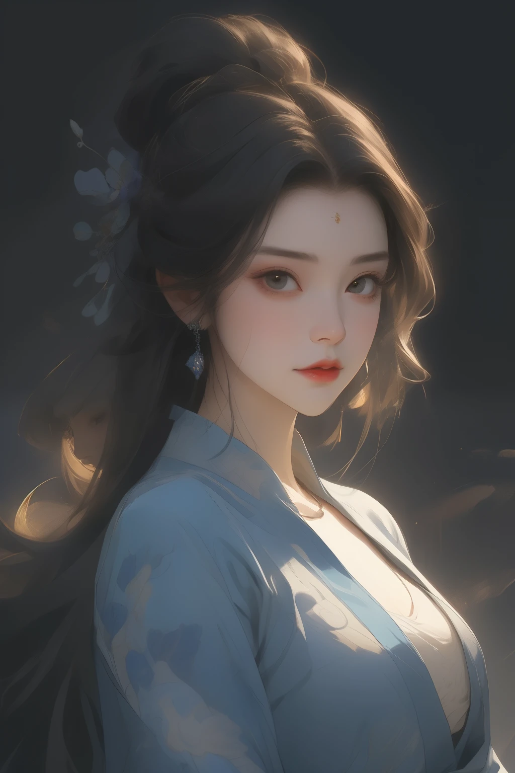 Masterpiece of an Asian realistic Chinese girl, showcasing the essence of ancient China in a modern twist. The princess, with her long, black hair that cascades down her back like a waterfall of silk, stands against the backdrop of a starry night moonscape. Her dark brown eyes, filled with an air of mystique and charm, gaze out at the viewer with a seductive expression highlighted by black eyeliner.
Dressed in a traditional xianxia style, she wears a dark blue hanfu that shimmers under the moonlight, accentuating her curvy body. The dress's xianxia charm and details are highlighted by silver accessories, including a bro