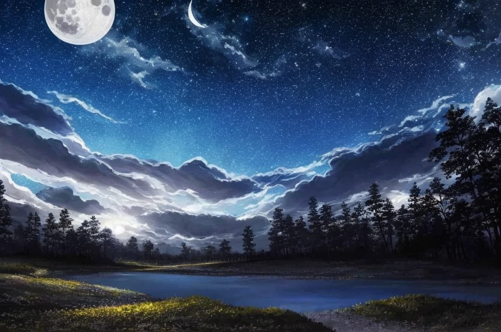 a dark night sky with stars and clouds and a full moon, a digital painting by Li Mei-shu, tumblr, space art, bright moonlight and stars, starry-night!!!!!!!!!!!!!!!!!!!!, moon and stars, the moon and stars, ✨🕌🌙, stars glistening in the night, dark and stars in the background, moonlit night sky, dreamy night