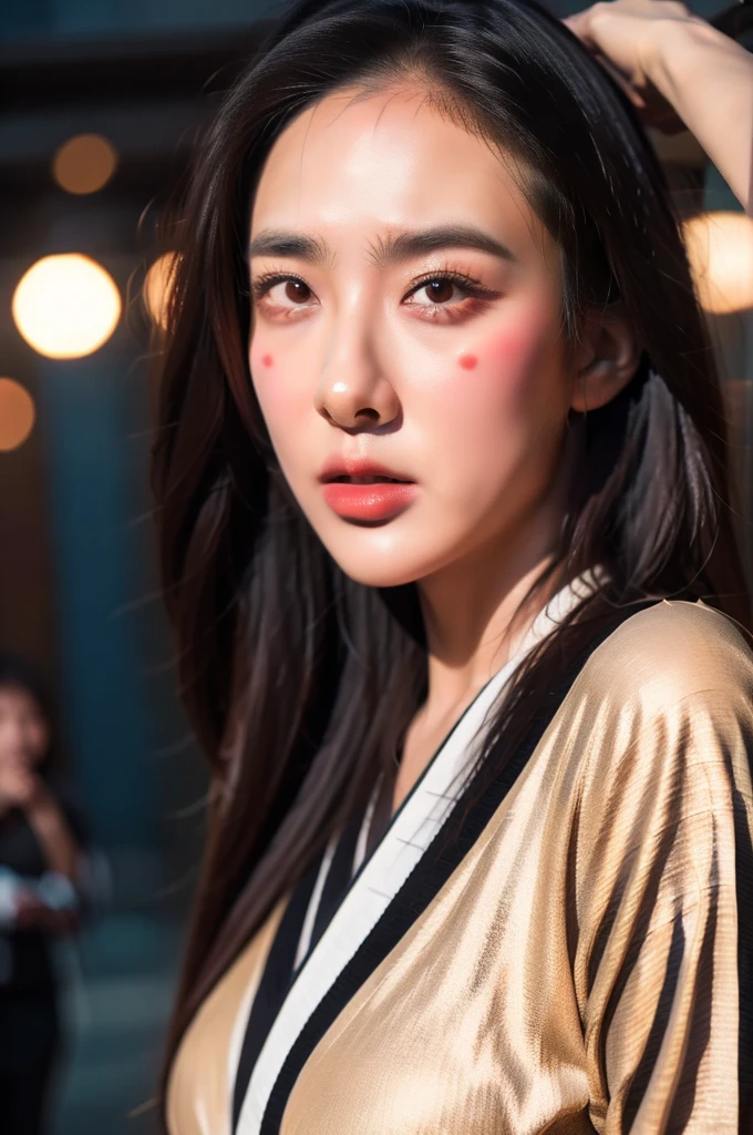 Japanese beauty, Dark Eyes, Black long hair, Vulpix, Thick lips, Wearing a sweater, No exposed skin, Surrealism, High detail, Cinema Lighting, Ray Tracing, viewing angle, Eye-level shot, Hyper HD, Textured skin, 4K, 8K highest quality,
