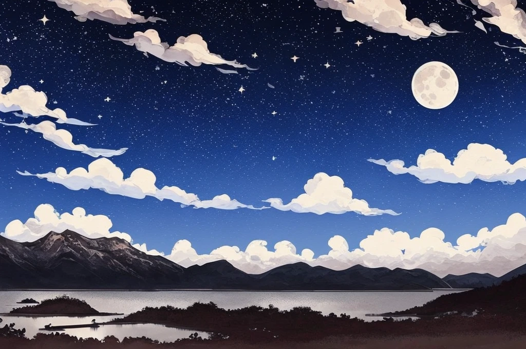 a dark night sky with stars and clouds and a full moon, a digital painting by Li Mei-shu, tumblr, space art, bright moonlight and stars, starry-night!!!!!!!!!!!!!!!!!!!!, moon and stars, the moon and stars, โจ๐๐, stars glistening in the night, dark and stars in the background, moonlit night sky, dreamy night