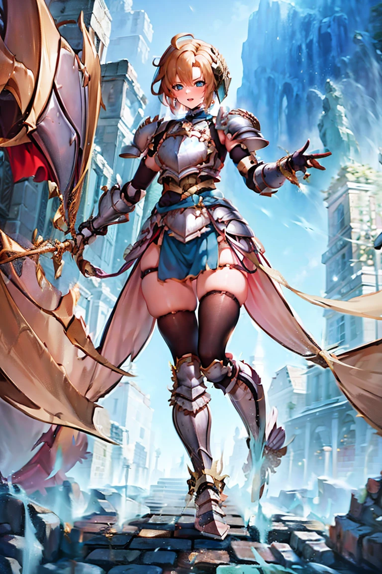 jewelry, bodysuit, fingerless gloves, knight, highleg, (((skin tight))), vambraces, arm guards,faulds,greaves, 1girl,solo,　gauntlets, armored boots, breastplate, pauldrons, shoulder armor, big armors, thighhighs, dare thighs, short hair, pink hair, blue eyes, adult, adult face, fearless face, curvy, perfect proportion, perfect anatomy, perfect body, armored dress knight, plate armor knight, silver knight armor, perfect eyes, ahoge, center loincloth, skirt, 