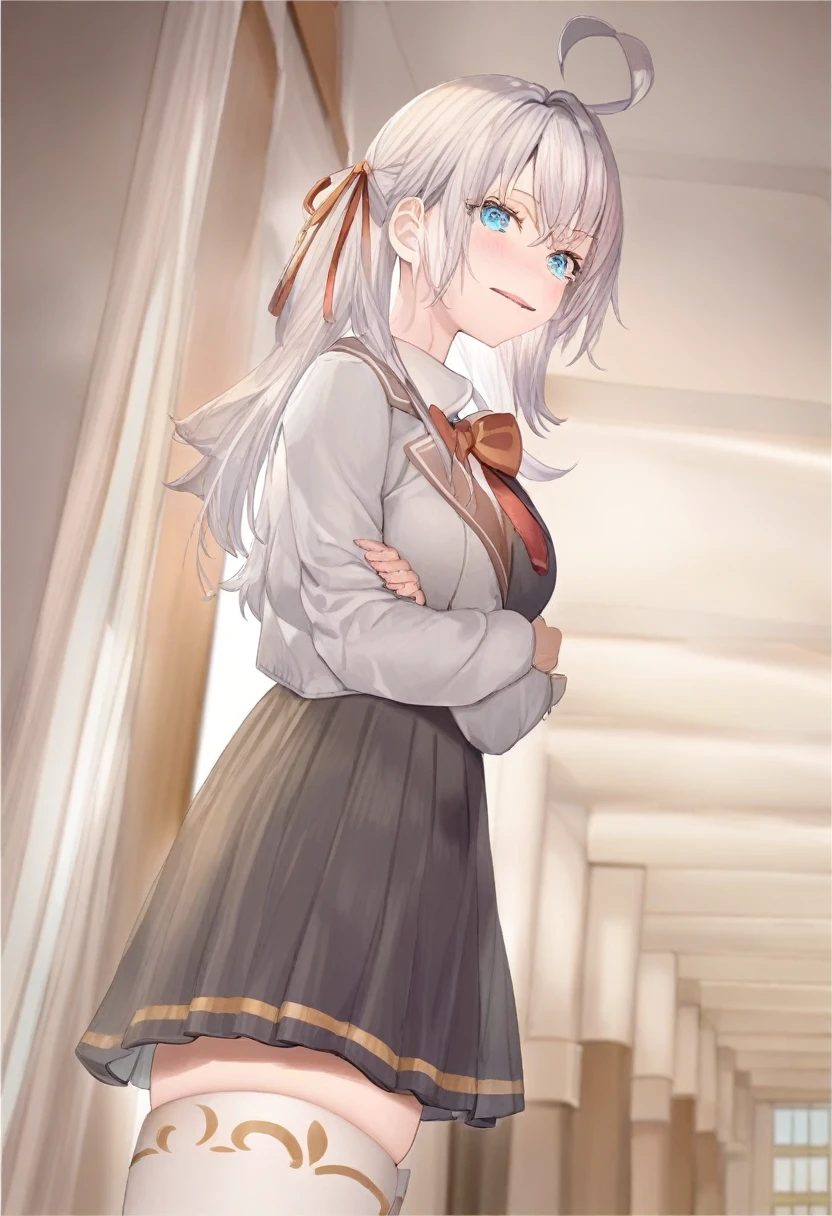 1girl, alisa mikhailovna kujou,tokidoki bosotto roshia-go de dereru tonari no arya-san,solo, long hair, eyebrows visible through hair, hair between eyes, silver hair, hair ribbon, blue eyes, medium breasts, ,white legwear,zettai ryouiki, long sleeves, jacket,
ceiling, portrait, looking at viewer, serious, corridor, open mouth,
best quality, very aesthetic, absurdres