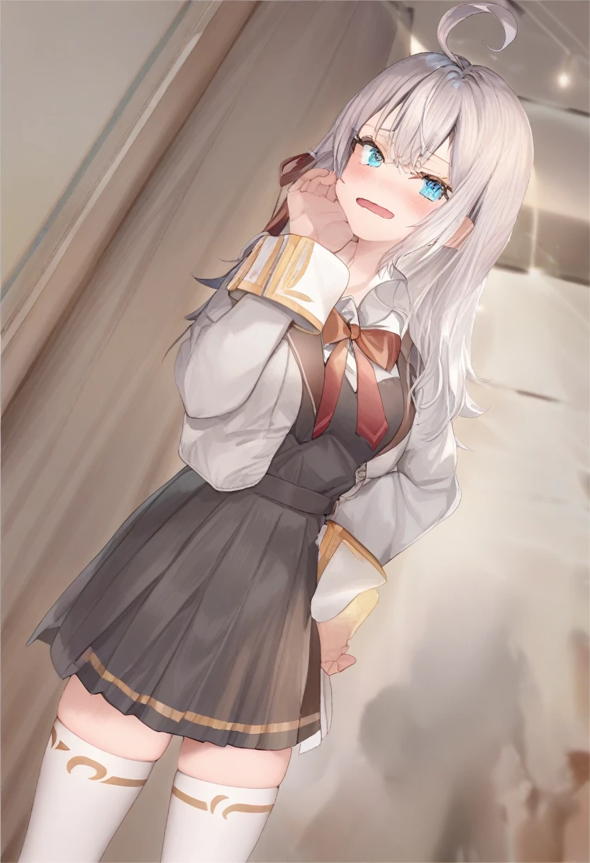 1girl, alisa mikhailovna kujou,tokidoki bosotto roshia-go de dereru tonari no arya-san,solo, long hair, eyebrows visible through hair, hair between eyes, silver hair, hair ribbon, blue eyes, medium breasts, ,white legwear,zettai ryouiki, long sleeves, jacket,
ceiling, portrait, looking at viewer, serious, corridor, open mouth,
best quality, very aesthetic, absurdres