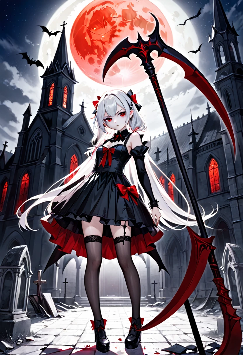 1 teenager girl, vampire, elf, young, black gothic dress, red right stocking, black left stocking, red eyes, white hair with bow, scythe, against the backdrop of the red moon, abandoned gothic church, night, looking at viewer, majestic pose, 8k, masterpiece, high res, ultrasharp
