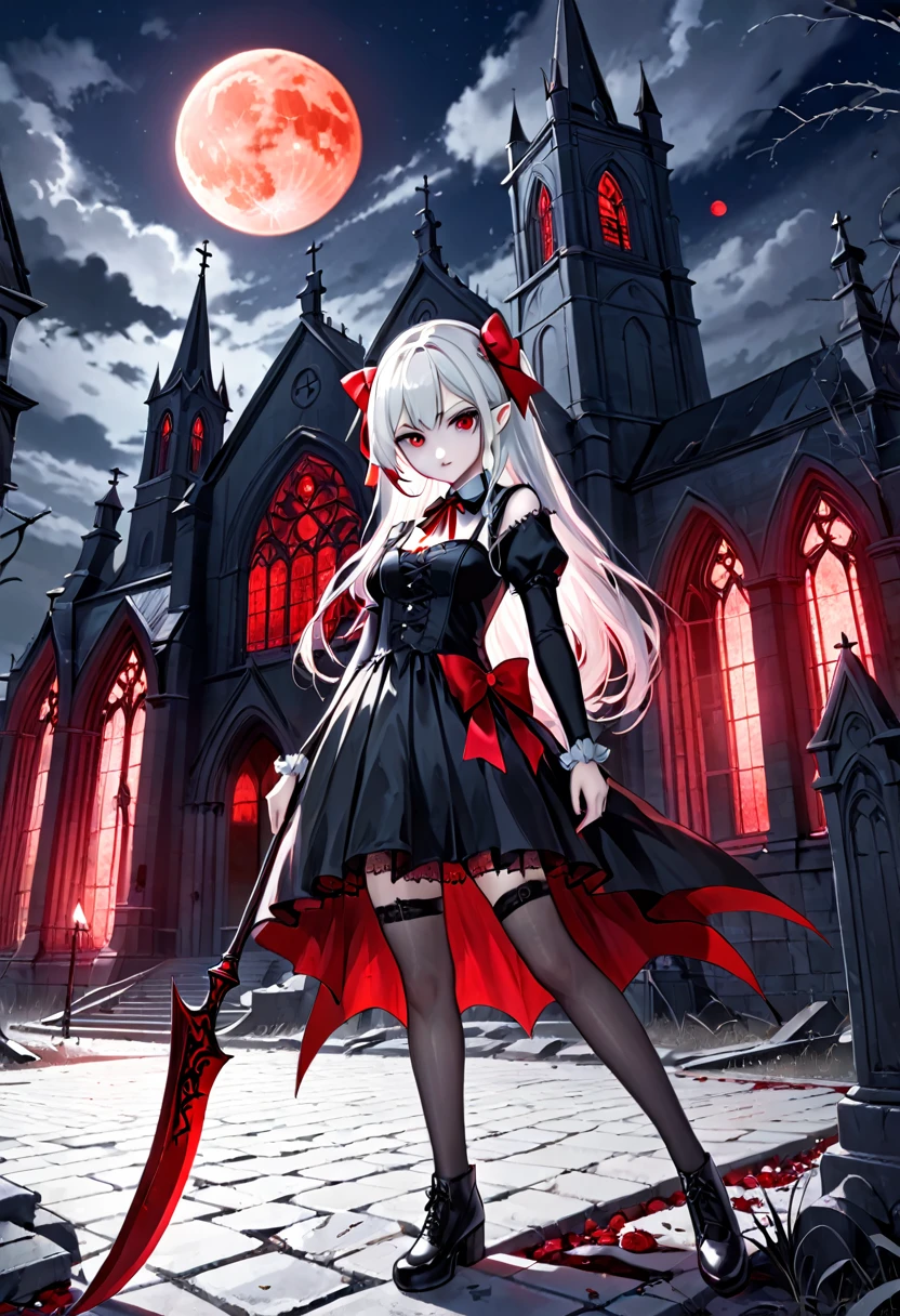 1 teenager girl, vampire, elf, young, black gothic dress, red right stocking, black left stocking, red eyes, white hair with bow, scythe, against the backdrop of the red moon, abandoned gothic church, night, looking at viewer, majestic pose, 8k, masterpiece, high res, ultrasharp