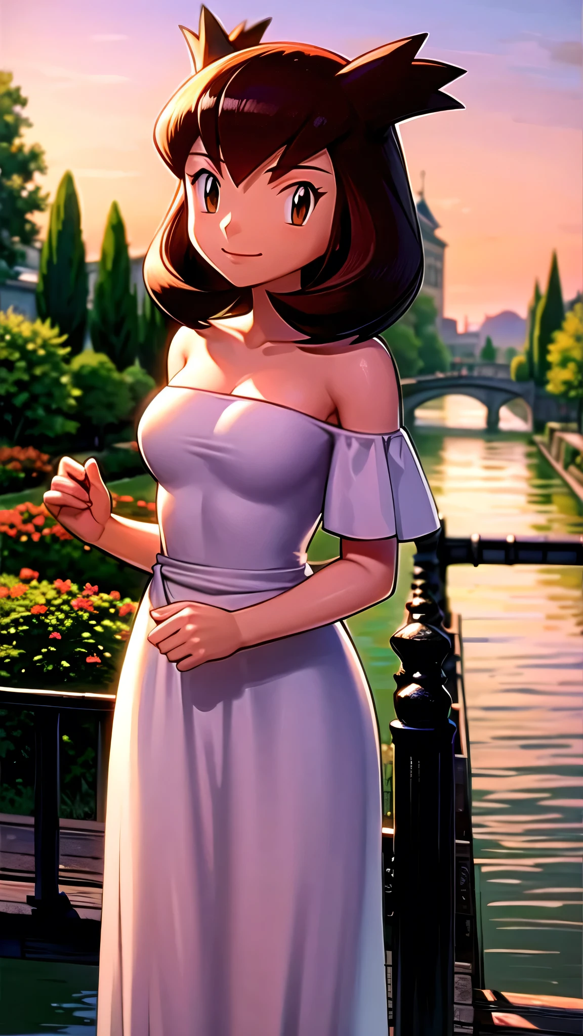 Bianca (pokemon heroes), 1 girl, solo, brown hair, brown eyes, bare shoulders, strapless, off shoulders, ruffle off the shoulder top, white maxi dress, close up headshot, intricate details, sharp focus, high resolution, the background of beautiful flower park with trees and canals, beautiful sunset, smile, standing on the bridge, both hands together
