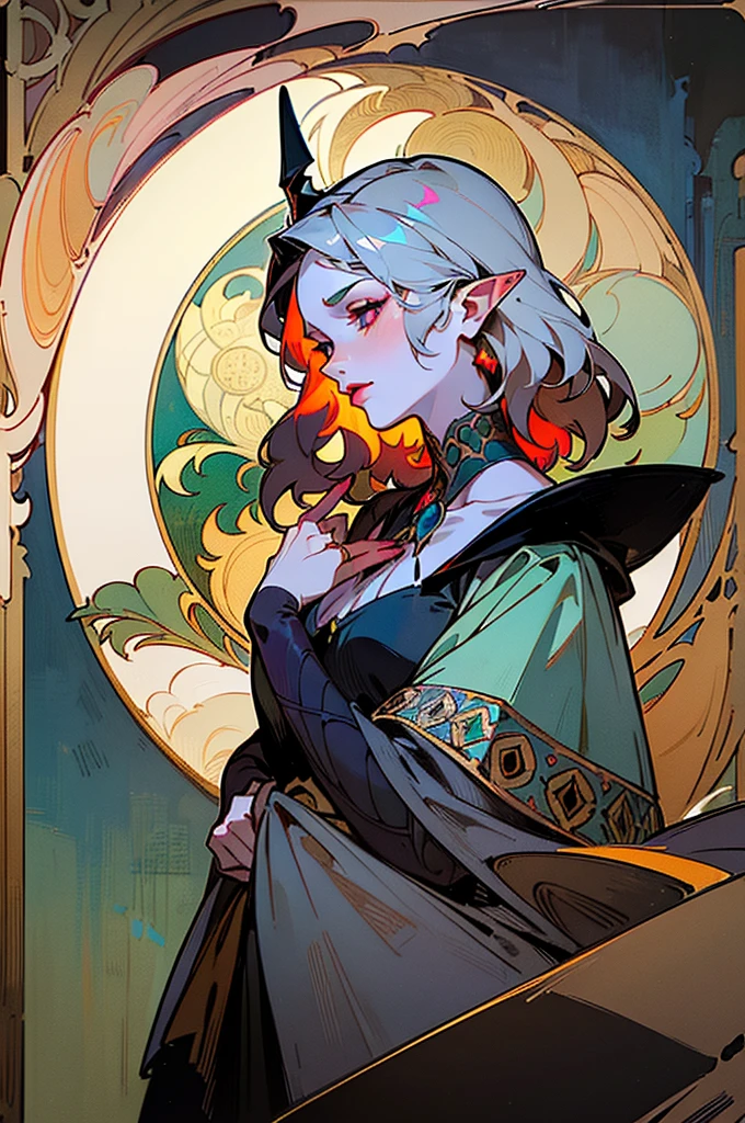 femme de 50 ans, Middle-aged European, ((trentenaire)), solo, medieval tavern, [ghotic] full lips, [[Short hair]], (visage de forme ovale), (Heavenly Nose), wears a cape, peau claire et chaude, red eyes, doe eyes, short hair, very silver hair, very light, wavy hair, elfe ears, Long cils, ((dark medieval clothes)), Glow, ghotic, elegant, tendance sur artstation, makeup, lipstick, ((In the style of Alphonse Mucha)), inkshadow, (((Masterpiece artwork))), ((best quality)), ((complex detailed)), ((semi-realistic)), (se concentrer uniquement), (visage parfait:1.1), (high detail:1.1), clivage, dark