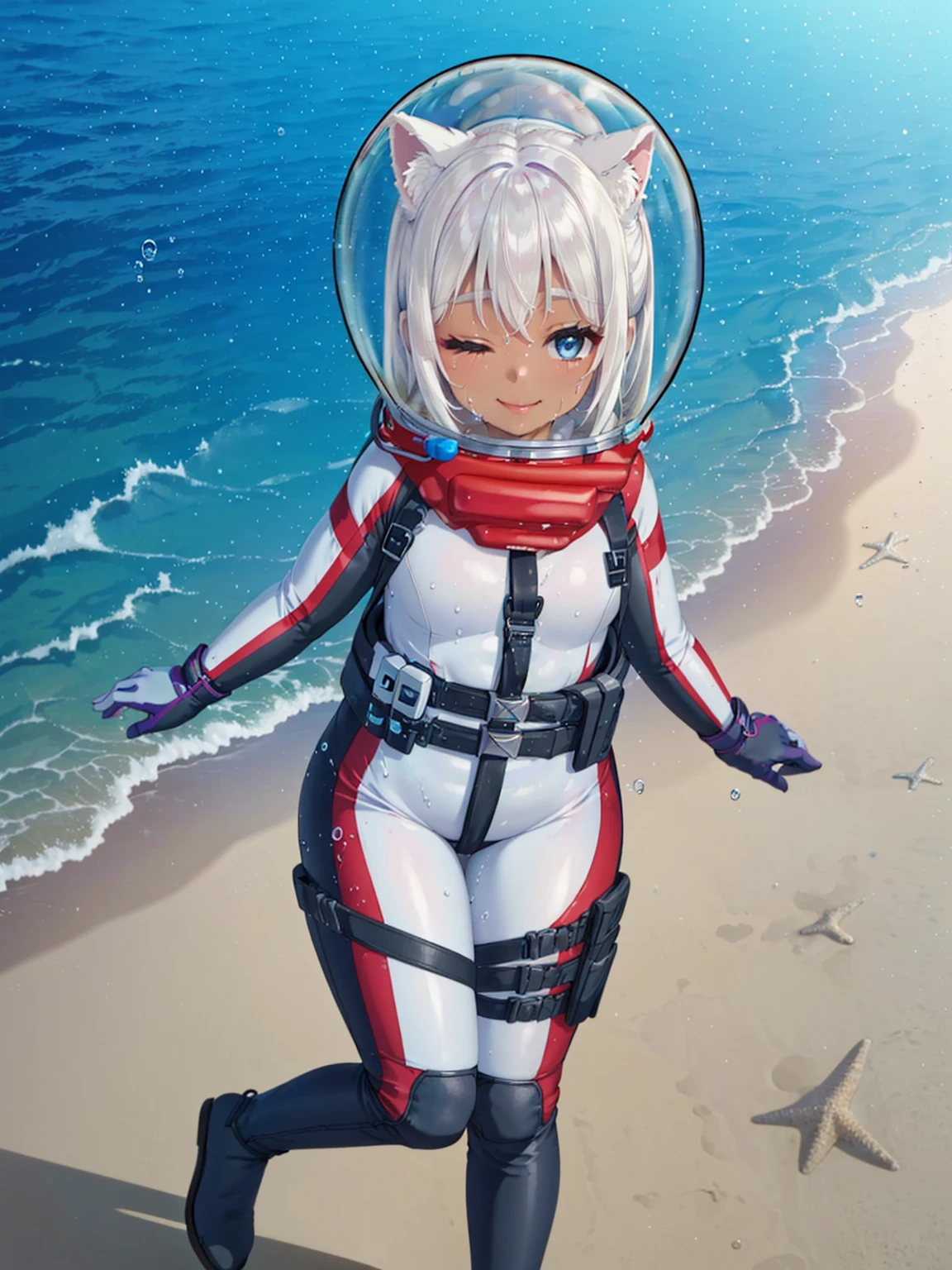 Highly detailed CG, 8k wallpaper, best quality, masterpiece, higher eyes and nose, very delicate and beautiful, beautiful, detailed,, (blue eyes: 1), (beautiful hands), (beautiful fingers) , , necklace (water:1.6), (beach:1.5), (messy hair:1.5), (leaning forward:1), looking at the viewer, (smile:1.3), (one eye closed:1.2) , (sweating), (beautiful toes), (:1.5), (1girl), (ash white hair:1.5),(middle hair:1 ), (dark skin: 1.4), (thigh circumference: 1.3) , beautiful, narrow waist, white thigh highs, narrow waist, thighs, wide hips, eyeliner, eyelashes, perfect face, detailed eyes, (dark skin : 1.5),,,(spacesuit: 1.15) , white cargo pants, astronaut )bubble helmet, space helmet, space helmet, CAT EARS, bubble helmet, eva helmet,
