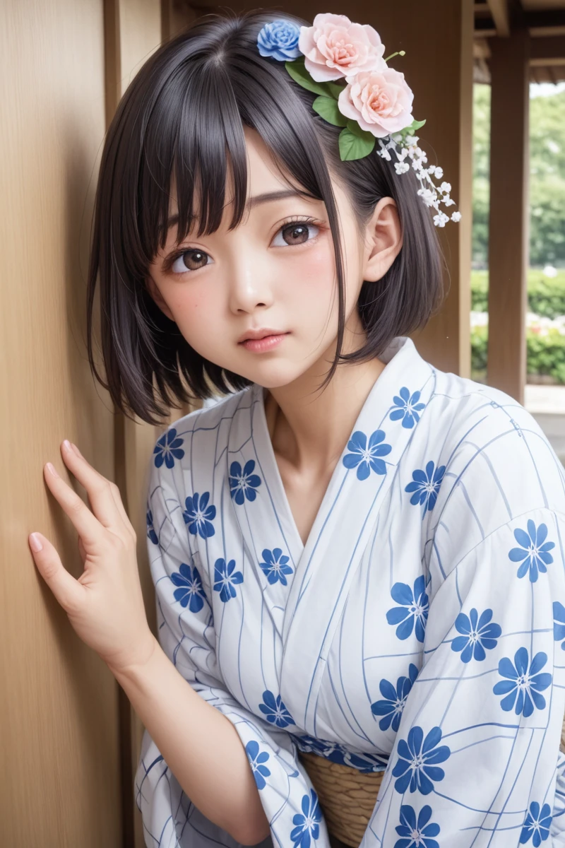score_9,score_8_superior,score_7_superior,8k, High resolution, s old、beautiful girl, bright black hair, Thin Hair, Small face, cute、Highest quality,Japanese face、small mole on the corner of the eye,((Puffy eyes))、(superior目づかい)、Short Bob、Look at the opponent、Riverbank、口角superiorがる、Beautiful legs、Flower Hair Ornaments、sexy、Sensual、Blushing、Light blue floral yukata、Summer festival