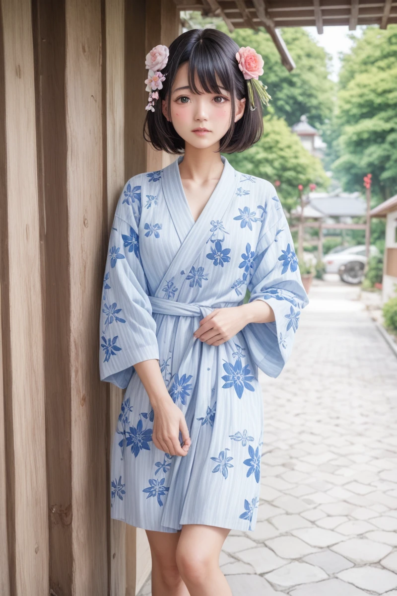 score_9,score_8_superior,score_7_superior,8k, High resolution, 5 years old、beautiful girl, bright black hair, Thin Hair, Small face, cute、Highest quality,Japanese face、small mole on the corner of the eye,((Puffy eyes))、(superior目づかい)、Short Bob、Look at the opponent、Riverbank、口角superiorがる、Beautiful legs、Flower Hair Ornaments、sexy、Sensual、Blushing、Light blue floral yukata、Summer festival