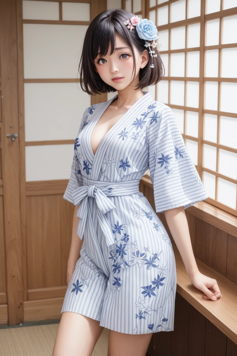 score_9,score_8_superior,score_7_superior,8k, High resolution, 5 years old、beautiful girl, bright black hair, Thin Hair, Small face, cute、Highest quality,Japanese face、small mole on the corner of the eye,((Puffy eyes))、(superior目づかい)、Short Bob、Look at the opponent、Riverbank、口角superiorがる、Beautiful legs、Flower Hair Ornaments、sexy、Sensual、Blushing、Light blue floral yukata、Summer festival