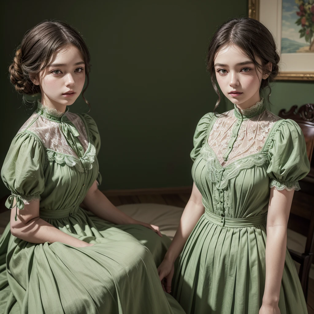 ((work of art)), (best qualityer), (Simple style), green dress, butterfly heart, pleated lace, Edwardian lace dress.