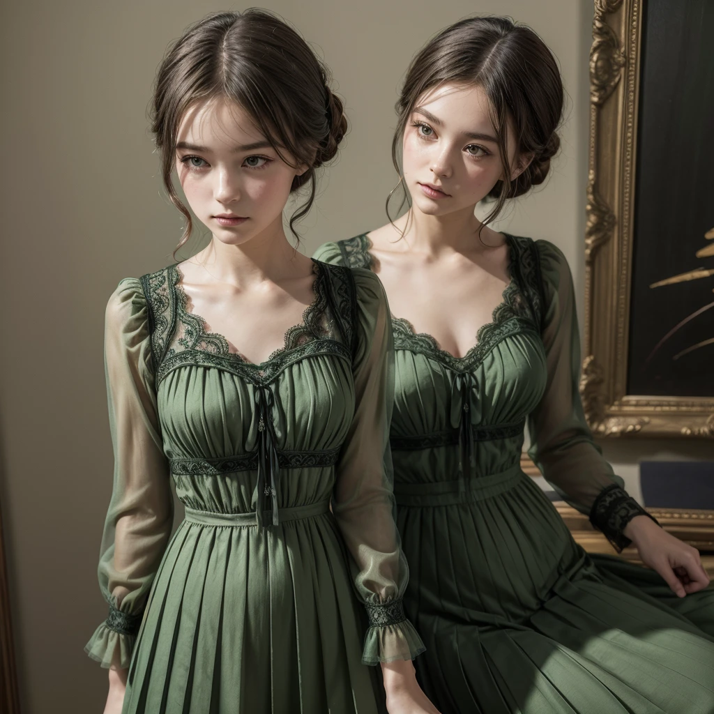 ((work of art)), (best qualityer), (Simple style), green dress, butterfly heart, pleated lace, Edwardian lace dress.