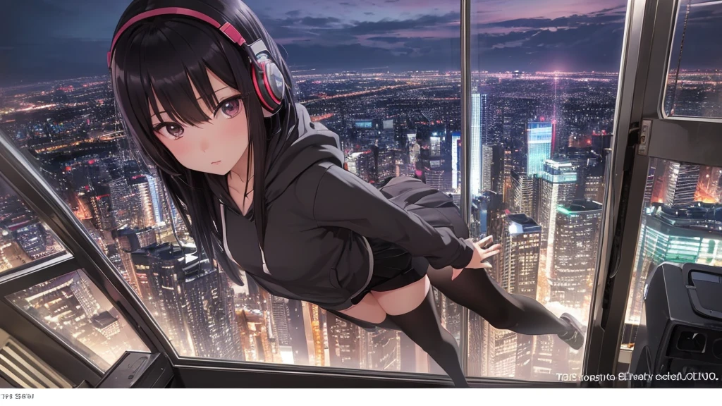 Ultra-high resolution, 8k, (Official Art, beautifully、mysterious:1.2), Anime Art Wallpaper, Works by Makoto Xin Haicheng, Lofi Art Style, Lo-fi feel, Perfect human body composition, Anatomically correct limbs, Structurally correct fingers, Impressive eyes, Oversized hoodie and short skirt, Shiny long black hair, Larger than average bust, Girl listening to music with headphones, Looking out the window, City Room, A room for music lovers, city view from the window, Impressive cityscape, Bright Sky, meteor, Wide angle, Before dusk