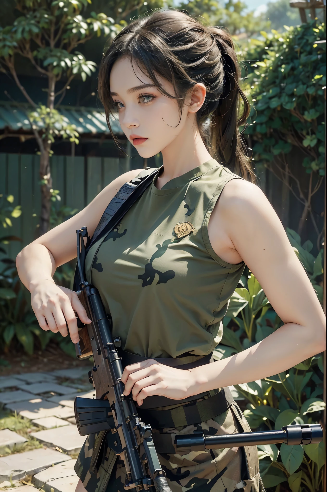 (((best quality))),(((ultra detailed))),(((masterpiece))),illustration,((1girl,sniper,solo)),summer,heat,short ponytail,green camouflage tank top,mini-skirt,shrubbery,sweat,forehead,intent,focused,determined,expression,sun,shadows,discipline,precision,leaves rustling,breeze,bird chirps,insect buzzes,isolation,task,attire,functional,eye-catching,camouflage pattern,blend,foliage,makeup,anonymity,scenery,ghost,calm,collect,(Holding a huge machine gun:1.3),rifle steadied,bipod,presence,formidable force,hunter,wild,silent guardian,shadows,vigilant,watchful,essence, Hunter hidden in plain sight
