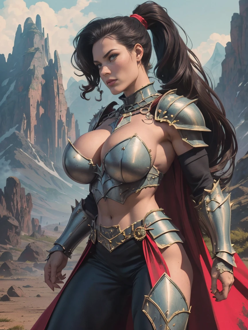 (masterpiece, top quality, best quality, official art, beautiful and aesthetic:1.2), (1girl:1.3), ((Sharp facial features, sharp features, hawkish features)), ((big hair, long black hair, ponytail)), big tiddy chaos warrior girl, extremely detailed, portrait, looking at viewer, solo, (full body:0.6), detailed background, full-body shot, (hot desert mountain theme:1.1), chaos warrior, (spiky helmet), charlatan, smirk, mysterious, swaying in mountains, armor, red metal, brass trim, long boots, dual axes, blood red fabric, pelvic curtain, loincloth, black leather, ((((armor, heavy armor, blood, armored, gigantic breasts, long legs, pelvic curtain, toned, muscular)))), cute belly button, toned tummy, slim waist, slim hips, long legs, medieval (mountain exterior:1.1) background, dark mysterious lighting, shadows, magical atmosphere, dutch angle