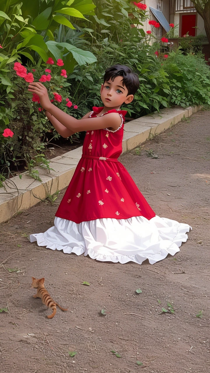 A realistic picture of a seven-year-old boy, He wears a red chemise . His face is childish and exploratory . He goes out cautiously into the garden of the house and finds a small cat among the bushes and touches it cautiously ,Without facing the camera,