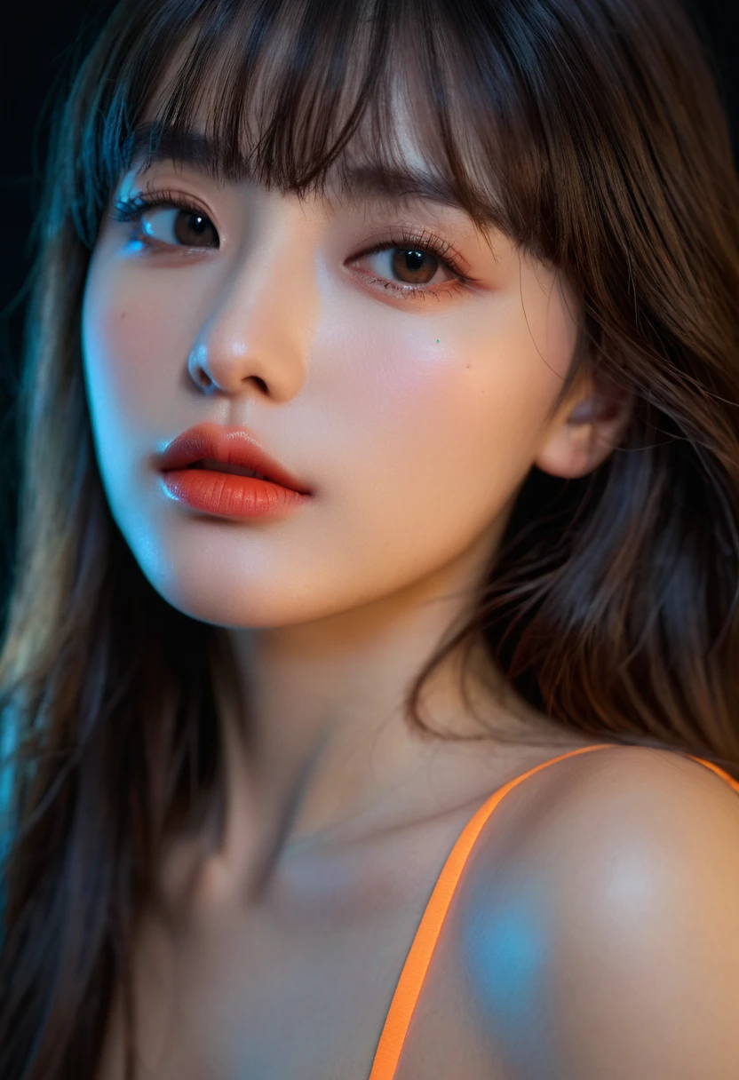 8k, best quality, 1 Girl, (Skin Indentation), night, (dark), Indoor clear background, (people), Beautiful bangs, Gorgeous,, (Clothing and:1.3),Soft lighting, attractive, dark Room, (mouth close:1.2, beautiful eyes, Delicate eyes, Detailed iris, Beautiful lips, Beautiful nose, Pretty Face),(primary color:1.5),(Ambient Light:1.3),(Neon light:1.3)
