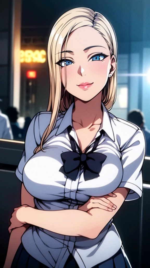 (8k, RAW Photos, Highest quality, Learning:1.3),(Realistic,photo-Realistic:1.37),(night),(The audience watching:1.331),(Gray Hair),Pause,Tokyo Street,nightcityscape,Cyberpunk City,Soft Light, One girl, Very beautiful face, Perfect Body Proportions, focal distance, bust, casual hairstyle, smile, Big eyes, (short sleeves JK_shirt), JK_style, (navy JK_skirt), (bow JK_tie), Mix 4, Detailed eyes