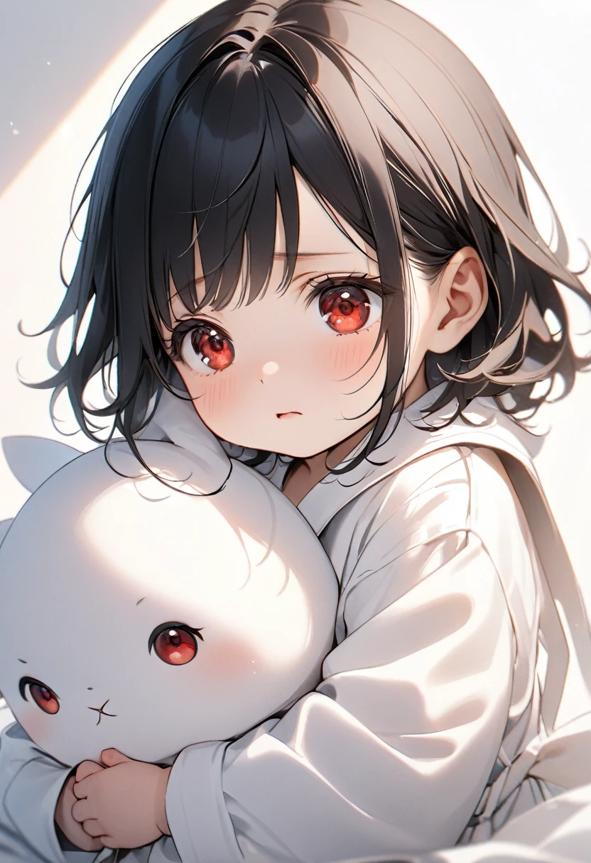 8k, baby with long black hair, red eyes, soft expression, white clothes, Soft light background