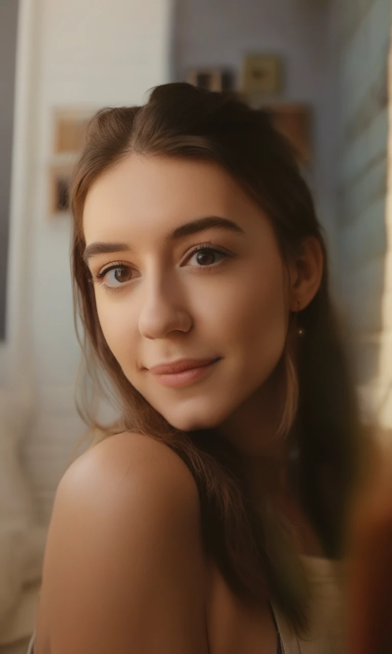 DaisyEdgarJones,a curvy athletic woman in black overalls is smiling and taking a selfie, white t-shirt, streak in hair, 8k uhd, dslr, soft lighting, high quality, film grain, Fujifilm XT3