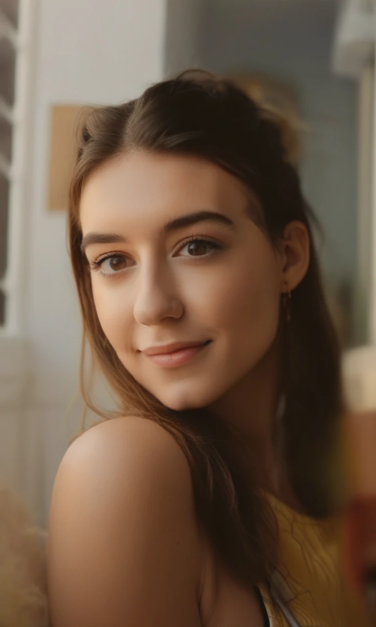 DaisyEdgarJones,a curvy athletic woman in black overalls is smiling and taking a selfie, white t-shirt, streak in hair, 8k uhd, dslr, soft lighting, high quality, film grain, Fujifilm XT3