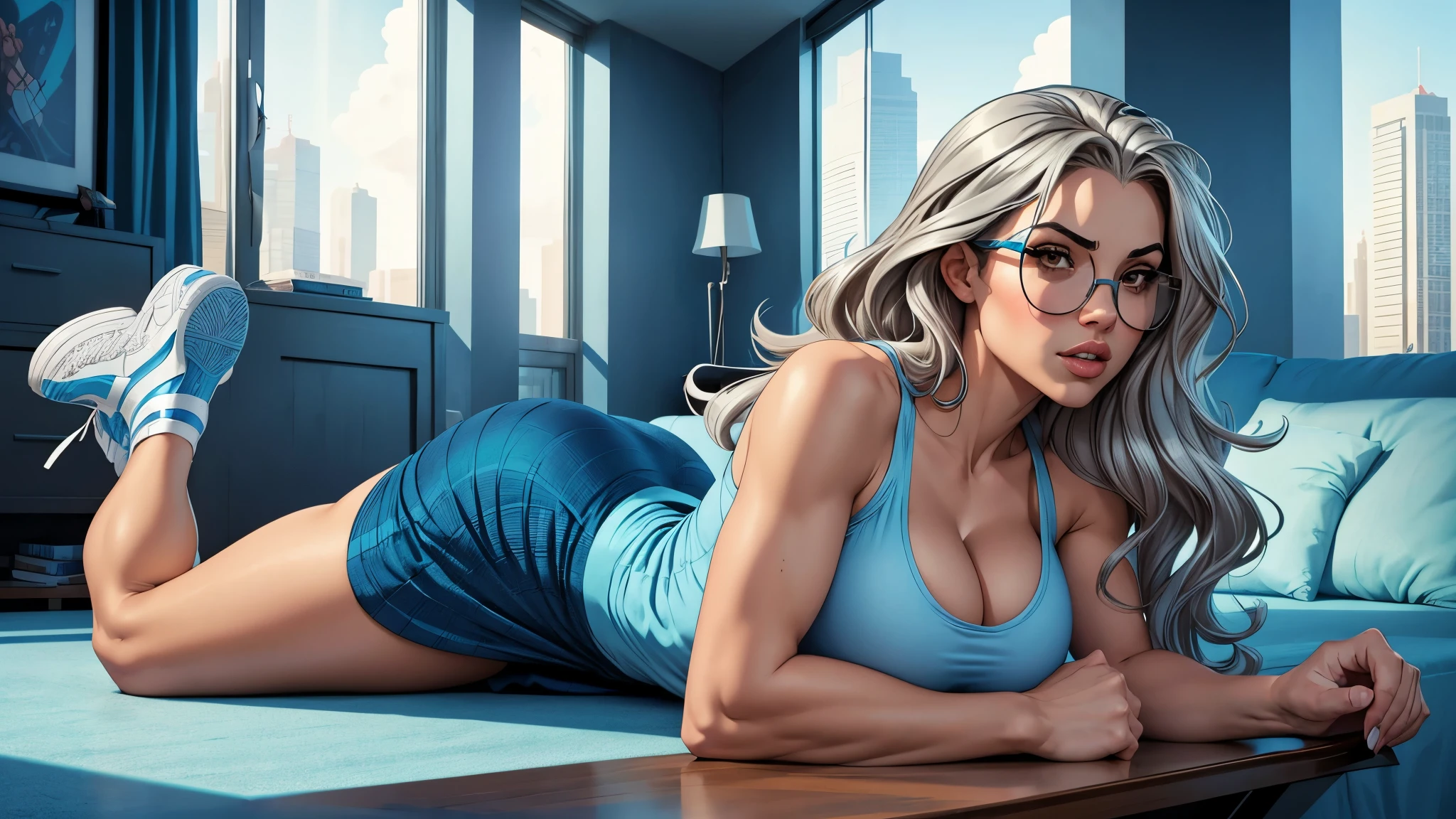 wavy silver hair that cascades to the middle of her back. Brown eyes. Slim and athletic build. She was wearing a skirt in shades of blue, a light blue shirt. He was wearing sports shoes. Very Busty. Comic style, marvel style. She is lying sensually