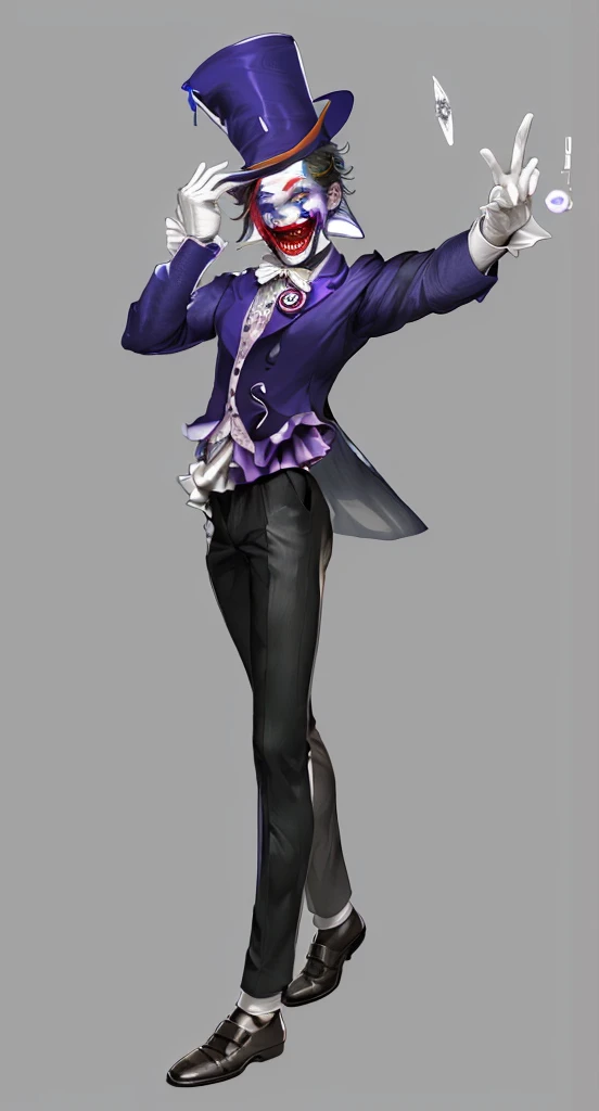 Official Art, masterpiece, Clear focus, Extremely detailed, (Side Light:1.2), clown,Suit,crazy,male,whole body,mystery,magician帽,Suit外套,Vest,leather shoes,wear gloves,magician,weird,