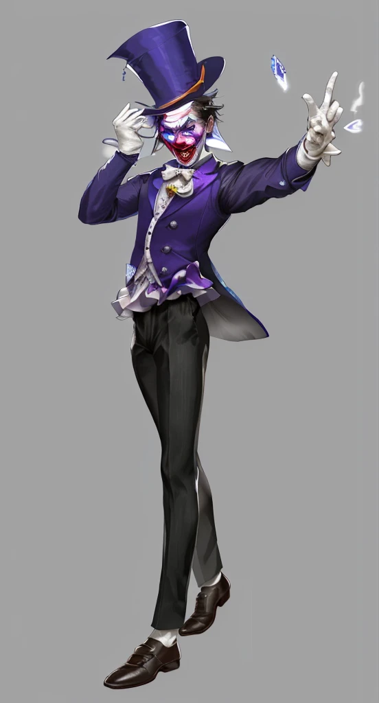 Official Art, masterpiece, Clear focus, Extremely detailed, (Side Light:1.2), clown,Suit,crazy,male,whole body,mystery,magician帽,Suit外套,Vest,leather shoes,wear gloves,magician,weird,