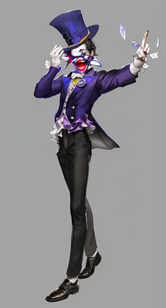Official Art, masterpiece, Clear focus, Extremely detailed, (Side Light:1.2), clown,Suit,crazy,male,whole body,mystery,magician帽,Suit外套,Vest,leather shoes,wear gloves,magician,weird,