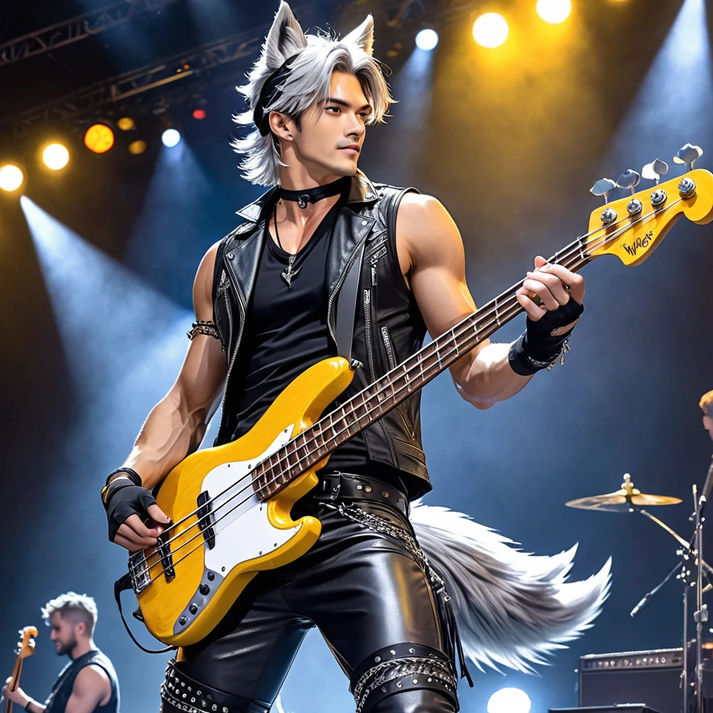 A tall, handsome man. He have Broad-shouldered, athletic build, tousled silver hair, lightly tanned skin tone, and piercing golden yellow eyes, silver stubbles, silver Wolf ears atop his head, and silver wolf tails extending from his tailbone. He wear sleeveless leather vest over black, Tight Black T-shirt with ripped sleeves, tight leather pants with chains hanging from the belt loops, cowboy boots, black nails, black choker wristbands, and black fingerless gloves, and black bandana on his head. He hold a bass guitar, playing it on stage.