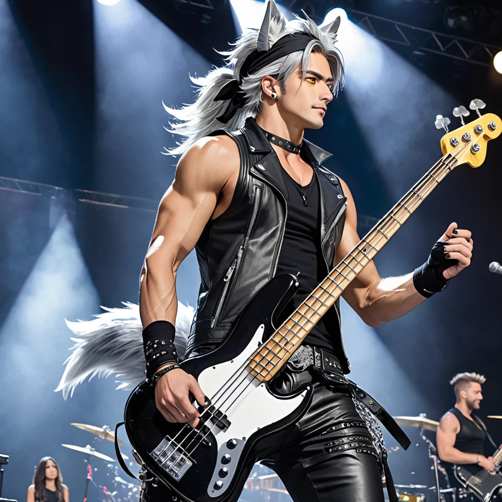 A tall, handsome man. He have Broad-shouldered, athletic build, tousled silver hair, lightly tanned skin tone, and piercing golden yellow eyes, silver stubbles, silver Wolf ears atop his head, and silver wolf tails extending from his tailbone. He wear sleeveless leather vest over black, Tight Black T-shirt with ripped sleeves, tight leather pants with chains hanging from the belt loops, cowboy boots, black nails, black choker wristbands, and black fingerless gloves, and black bandana on his head. He hold a bass guitar, playing it on stage.