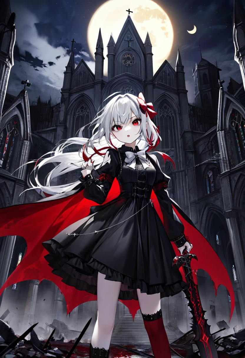 1 teenager girl, vampire, elf, young, black gothic dress, red right stocking, black left stocking, red eyes, white hair with bow, Scythe, weapon scythe, against the backdrop of the red moon, abandoned gothic church, night, looking at viewer, majestic pose, 8k, masterpiece, high res, ultrasharp