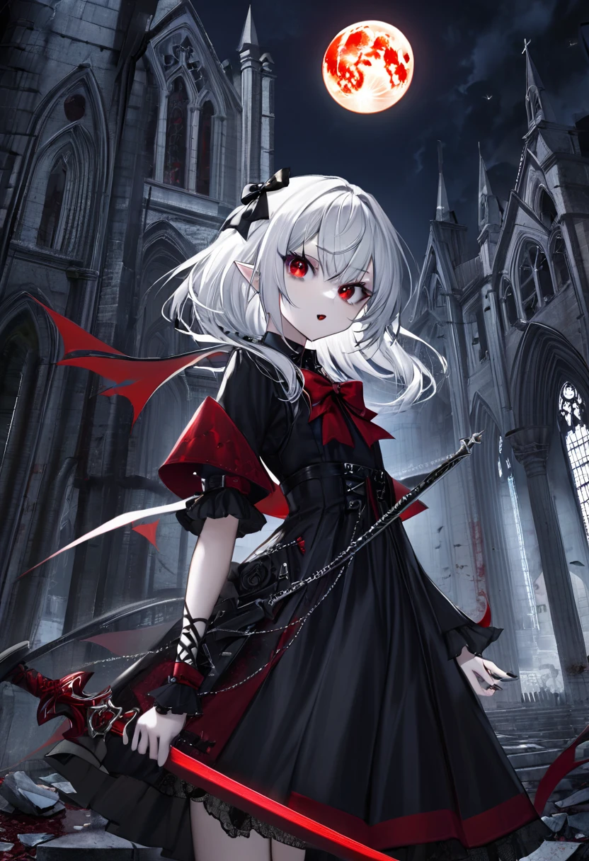 1 teenager girl, vampire, elf, young, black gothic dress, red right stocking, black left stocking, red eyes, white hair with bow, Scythe, weapon scythe, against the backdrop of the red moon, abandoned gothic church, night, looking at viewer, majestic pose, 8k, masterpiece, high res, ultrasharp
