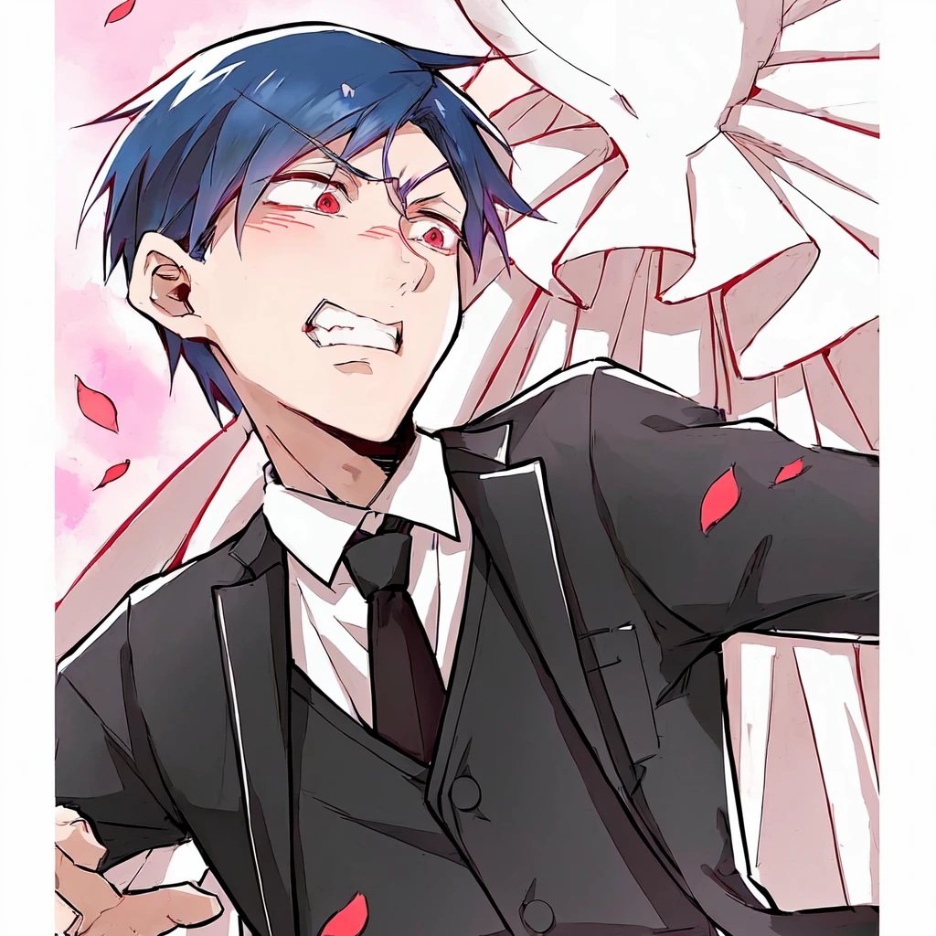 anime character with blue hair and black suit and tie, gapmoe yandere, yandere, inspired by Munakata Shikō, yandere. tall, 2 d anime style, in his suit, he is wearing a suit, handsome japanese demon boy, dapper dream demon, hijikata toushirou, in a strict suit, in an anime style