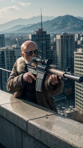 highres, 8k, ultra-detailed, realistic, photorealistic, cinematic, dramatic, masterpiece, 63 years old japanese man, bald, sniper, sniper rifle:1.4, on top of building, aiming gun, taking shot:1.5, wearing sunglasses, long coat, precise, intense, action, focused, determined expression